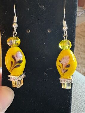 Hand Crafted Yellow Floral Glass Drop Earrings With AB Crystal